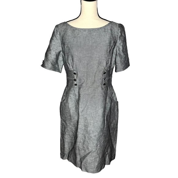 Tahari ASL Gray Short Sleeve Linen Blend Sheath Dress w/ Pockets Size 8 Petite - Picture 1 of 8